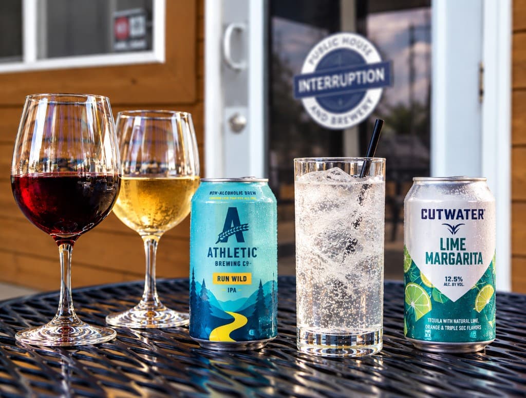 Wine, non-alcoholic beer, soda, and ready-to-drink cocktails on the patio