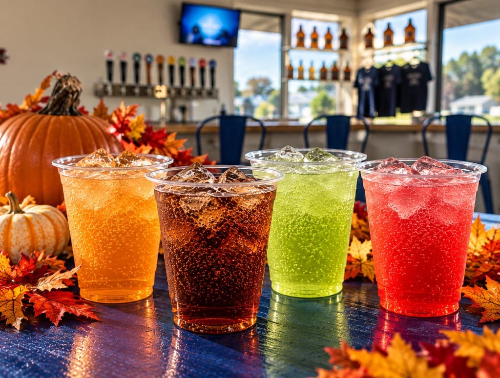 Four handmade sodas in plastic cups on the bar at Interruption Public House